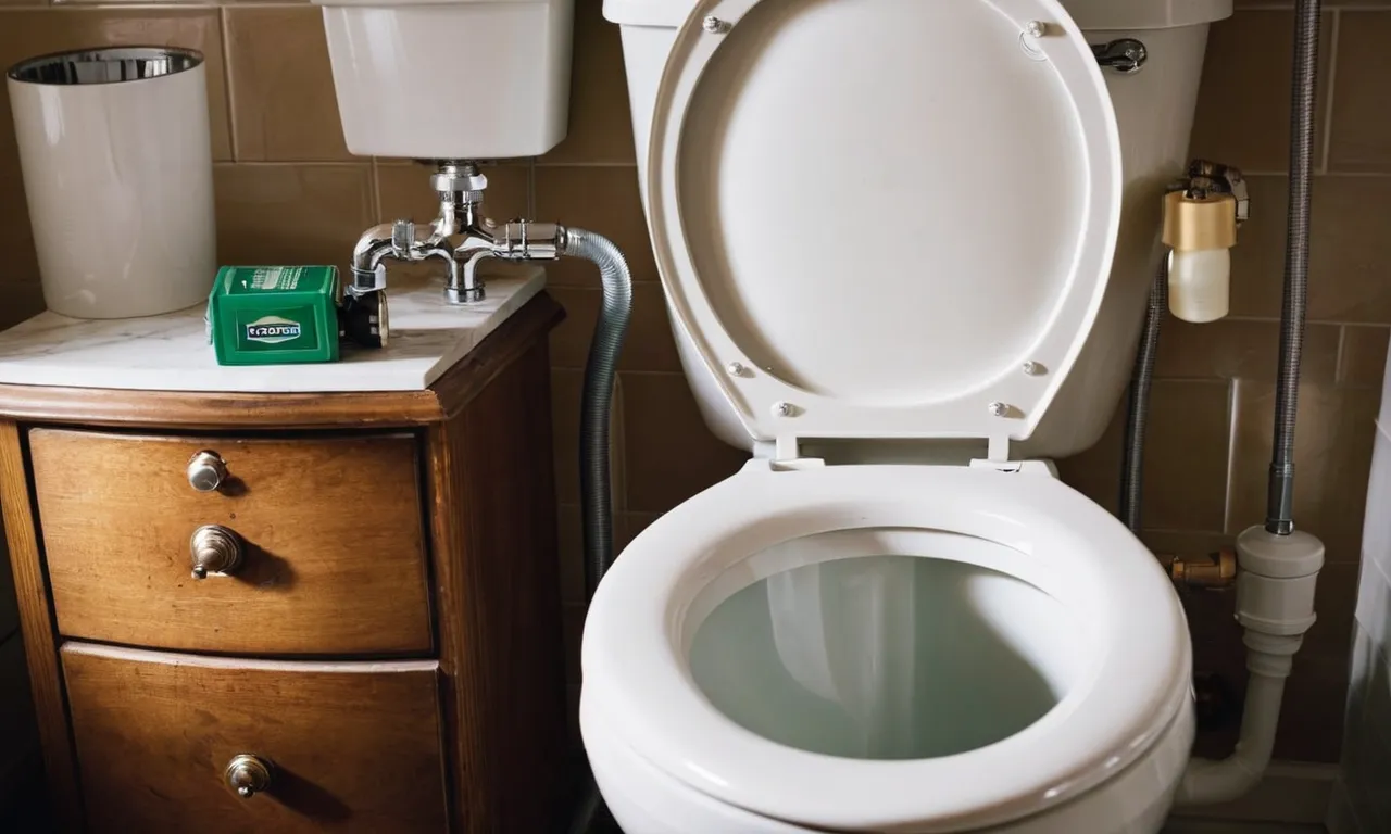 The photo captures a close-up shot of a toilet tank, showcasing a brand new, top-of-the-line fill valve replacement kit being installed by a skilled plumber.