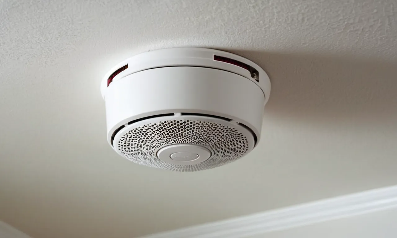 A close-up shot of a sleek and modern smoke and carbon monoxide detector mounted on a pristine white wall, providing the ultimate protection and peace of mind for homeowners.
