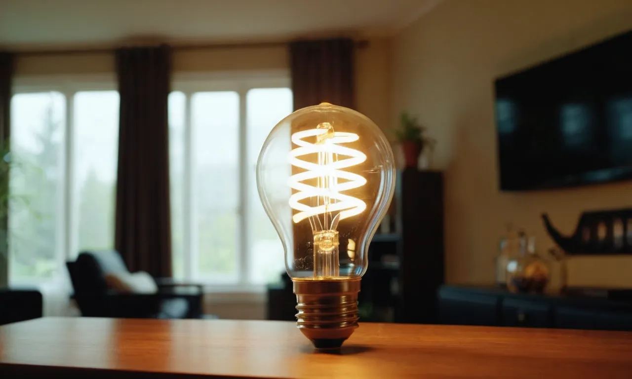 A close-up shot capturing the soft glow of an energy-saving light bulb illuminating a cozy living room, emphasizing its eco-friendly and cost-effective features.
