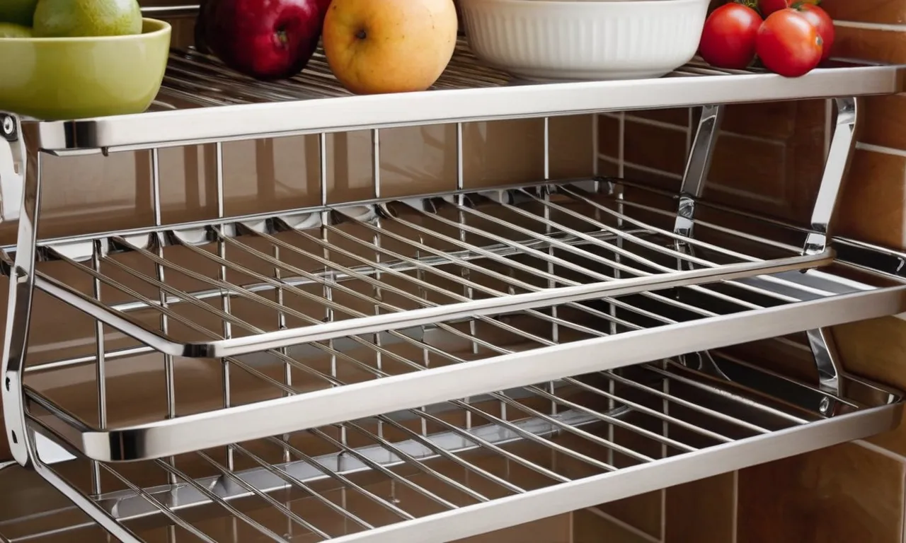 A close-up photo of a spacious stainless steel dish drying rack, showcasing its extra large size, sturdy construction, and ample capacity for drying numerous dishes and utensils.