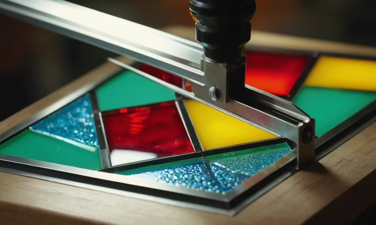 A close-up shot of a professional glass cutter gliding effortlessly through vibrant stained glass, creating precise, clean cuts, showcasing the precision and quality of the best glass cutter for stained glass.