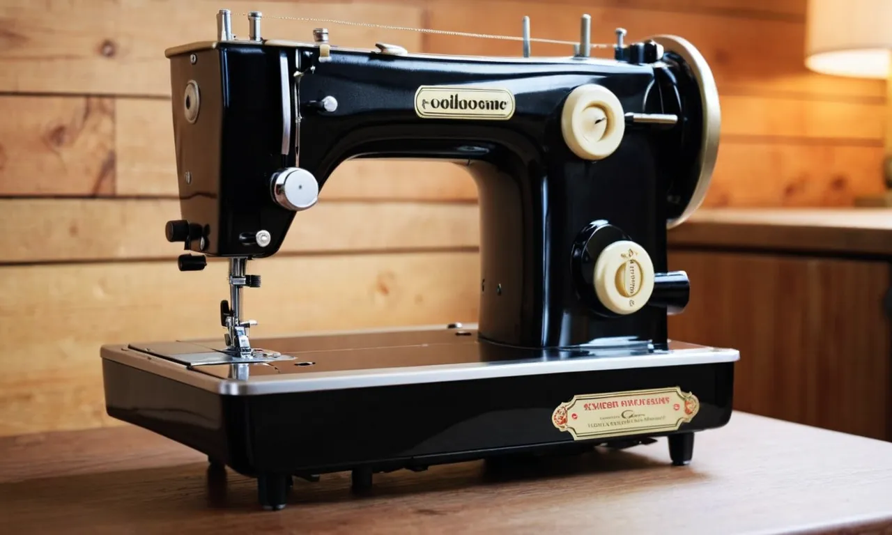 A close-up shot of a beginner's portable sewing machine, neatly placed on a wooden table, showcasing its compact design and user-friendly features.