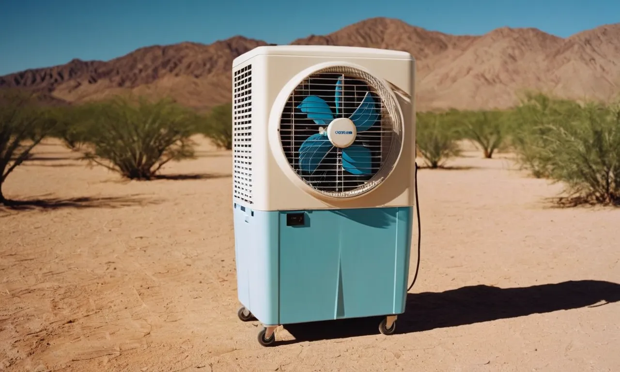 A vibrant image capturing a portable evaporative cooler amidst a scorching desert, providing refreshing relief to a group of people seeking respite from the sweltering heat.