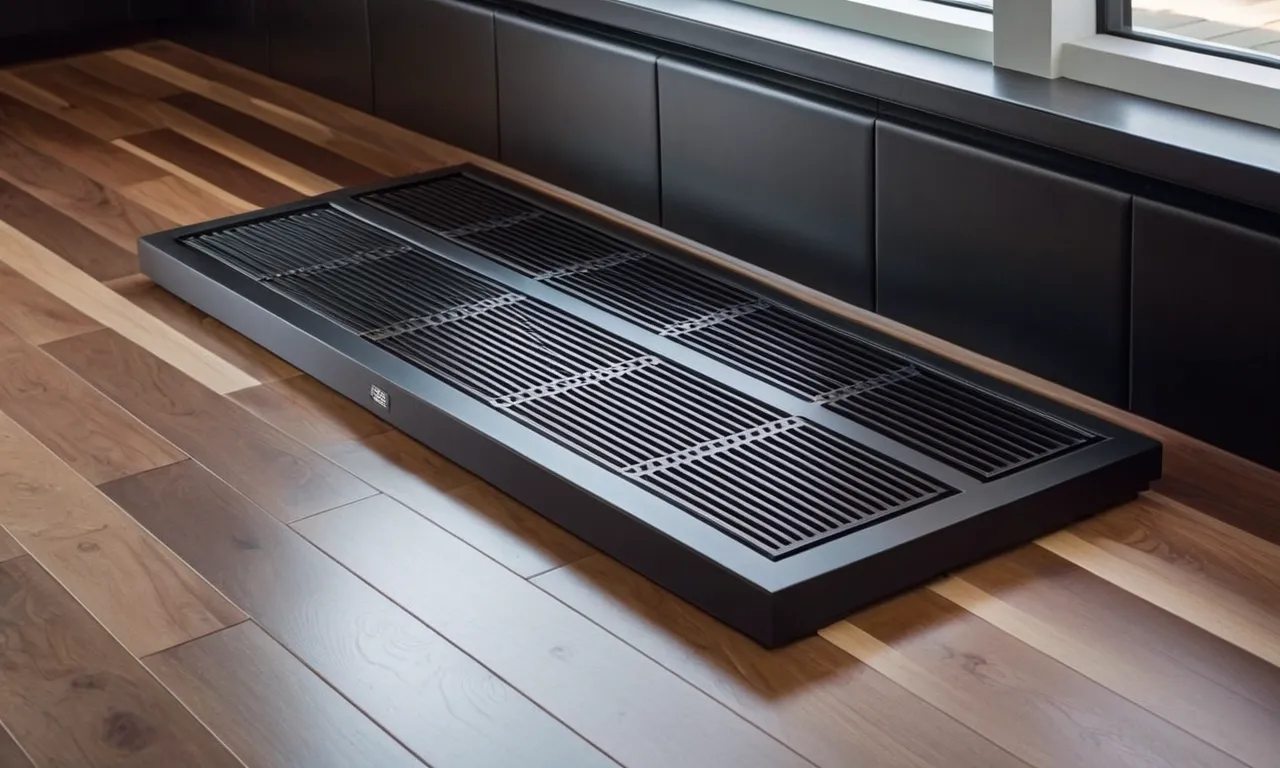 A close-up photo capturing a sleek, modern floor register with adjustable slats, positioned strategically in a room, showcasing its efficient air flow capabilities.