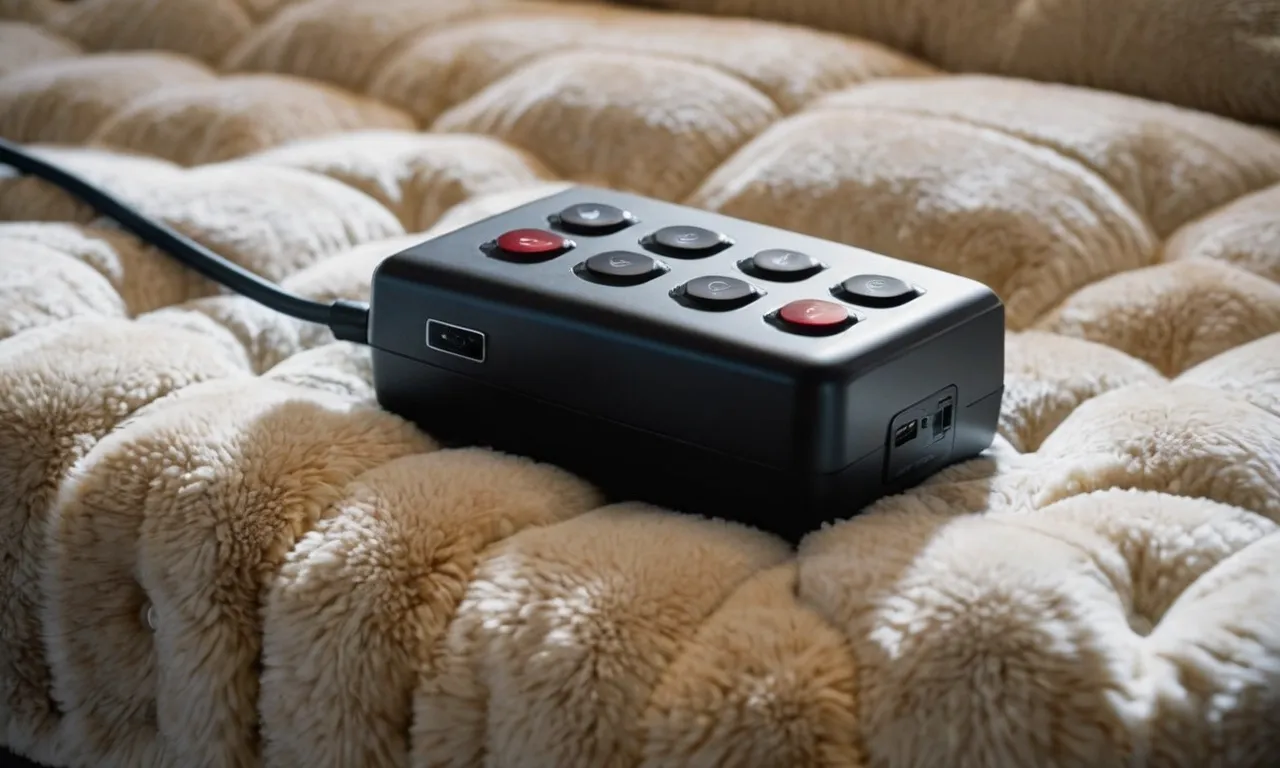 A close-up photo capturing the cozy, inviting texture of a luxurious electric blanket, adorned with dual control buttons for personalized warmth and comfort.