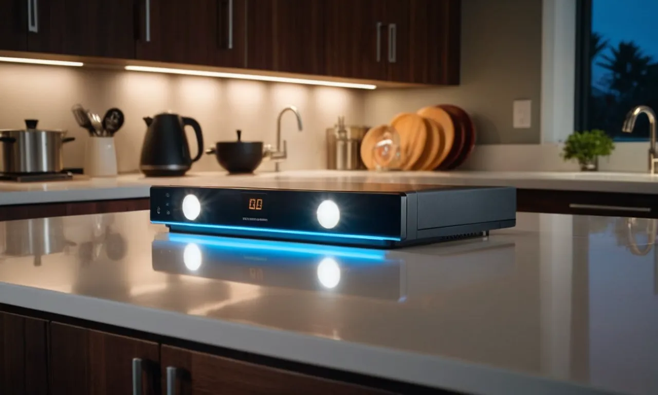 A close-up shot of a sleek, battery-operated under cabinet light illuminating a modern kitchen countertop, highlighting its versatility and convenience.