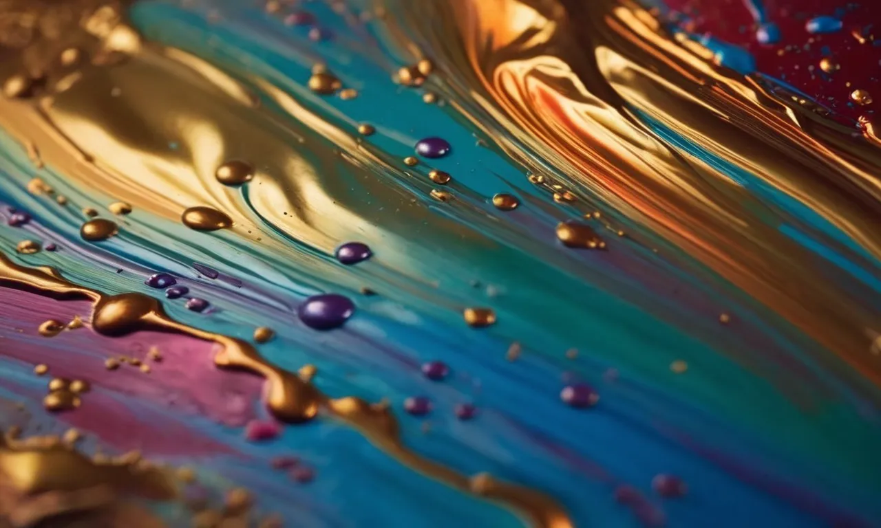 A close-up photograph capturing the intricate brushstrokes of a paramagnetic paint can on a canvas, showcasing its vibrant colors and alluring metallic sheen.