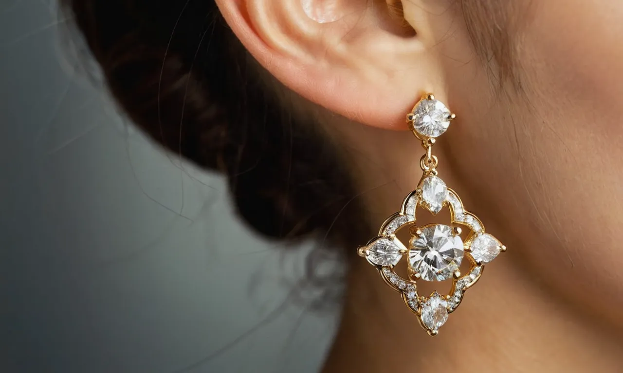 A close-up shot capturing a pair of elegant, gold earring backs clasping onto a dazzling pair of heavy diamond earrings, ensuring both style and security.