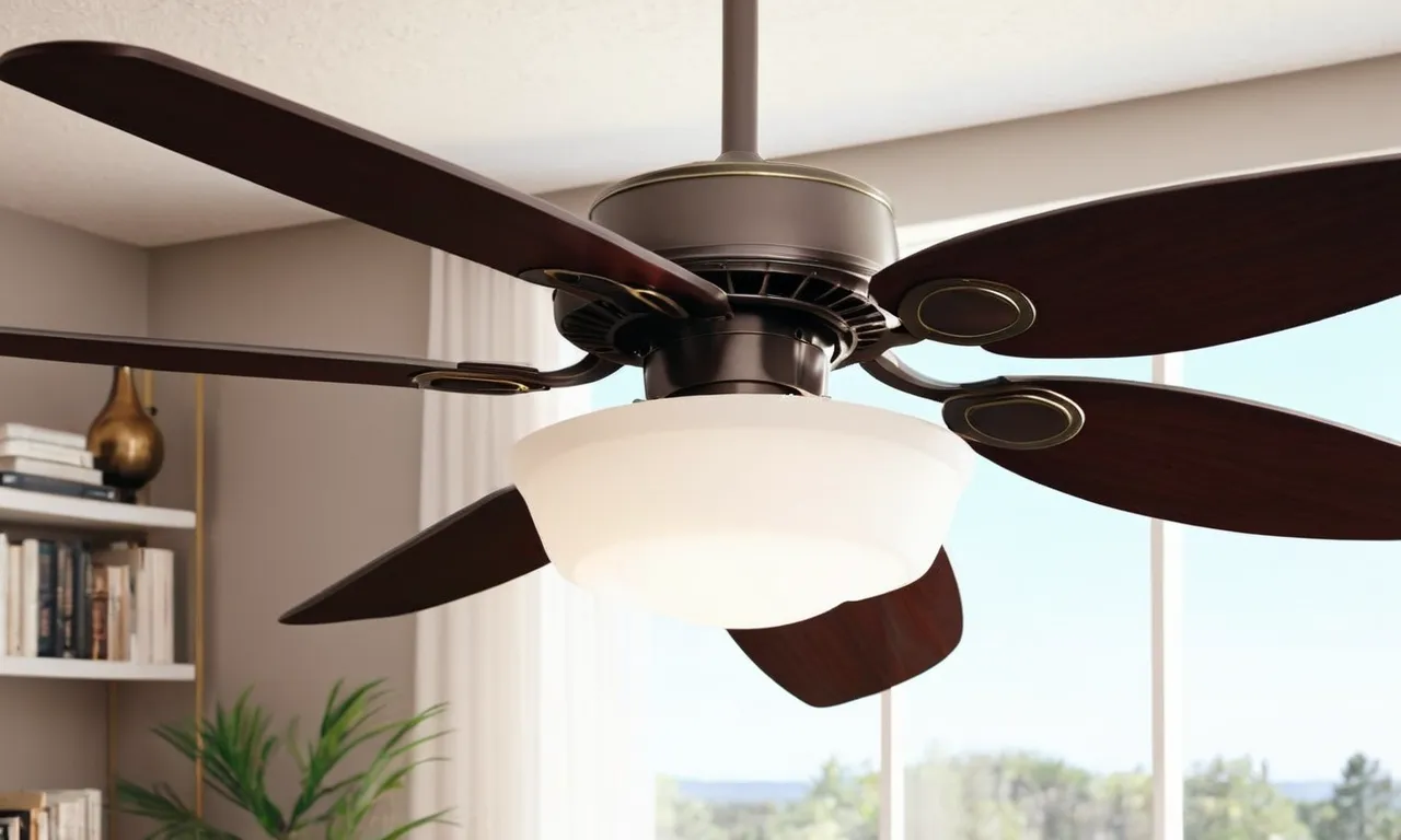 A captivating photo showcasing a sleek white ceiling fan with a built-in light fixture, casting a gentle glow on a sunlit room, emanating a sense of comfort and beauty.