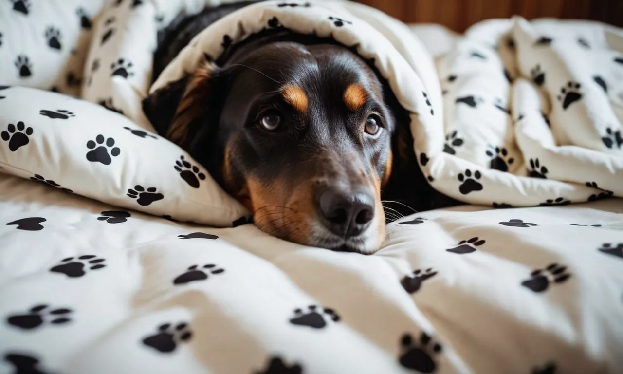 A close-up shot capturing a cozy bed covered in a dog-themed duvet, adorned with paw prints and bone patterns, creating the perfect resting place for a furry companion.
