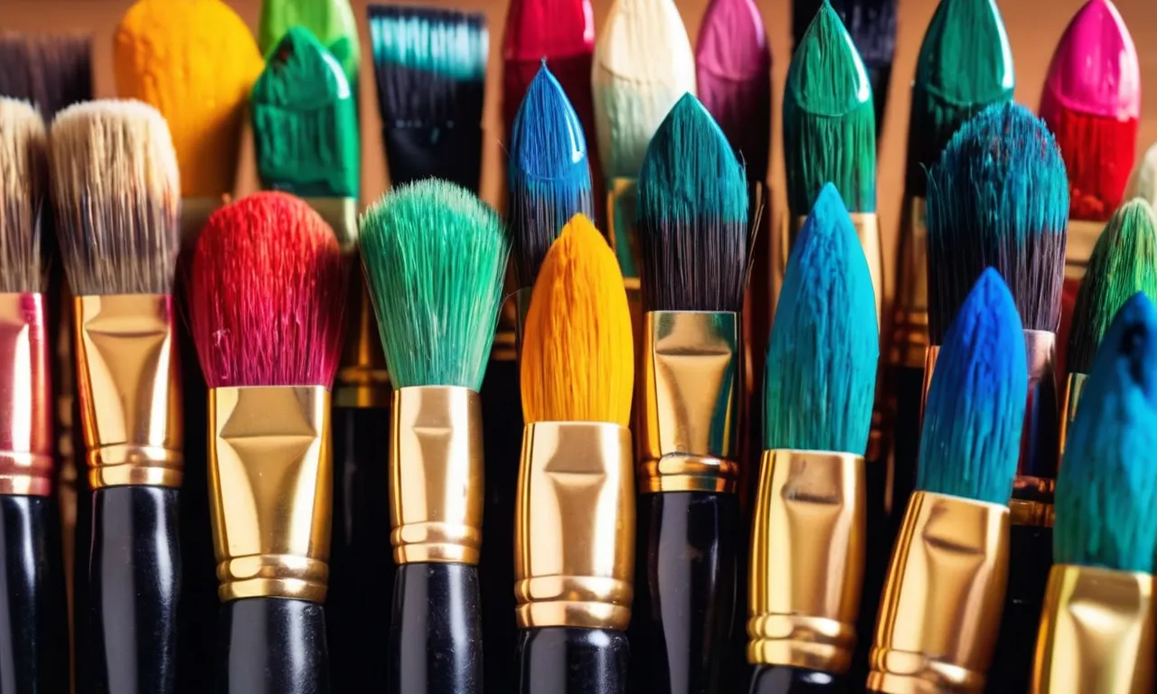 A close-up photograph capturing a collection of vibrant acrylic paintbrushes, neatly arranged on a canvas, ready to bring life and creativity to any artistic endeavor.