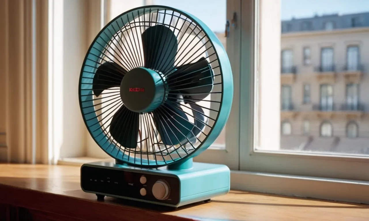 A close-up shot of a sleek, portable fan placed on a windowsill in a sunlit apartment, providing a refreshing breeze and offering respite from the summer heat.