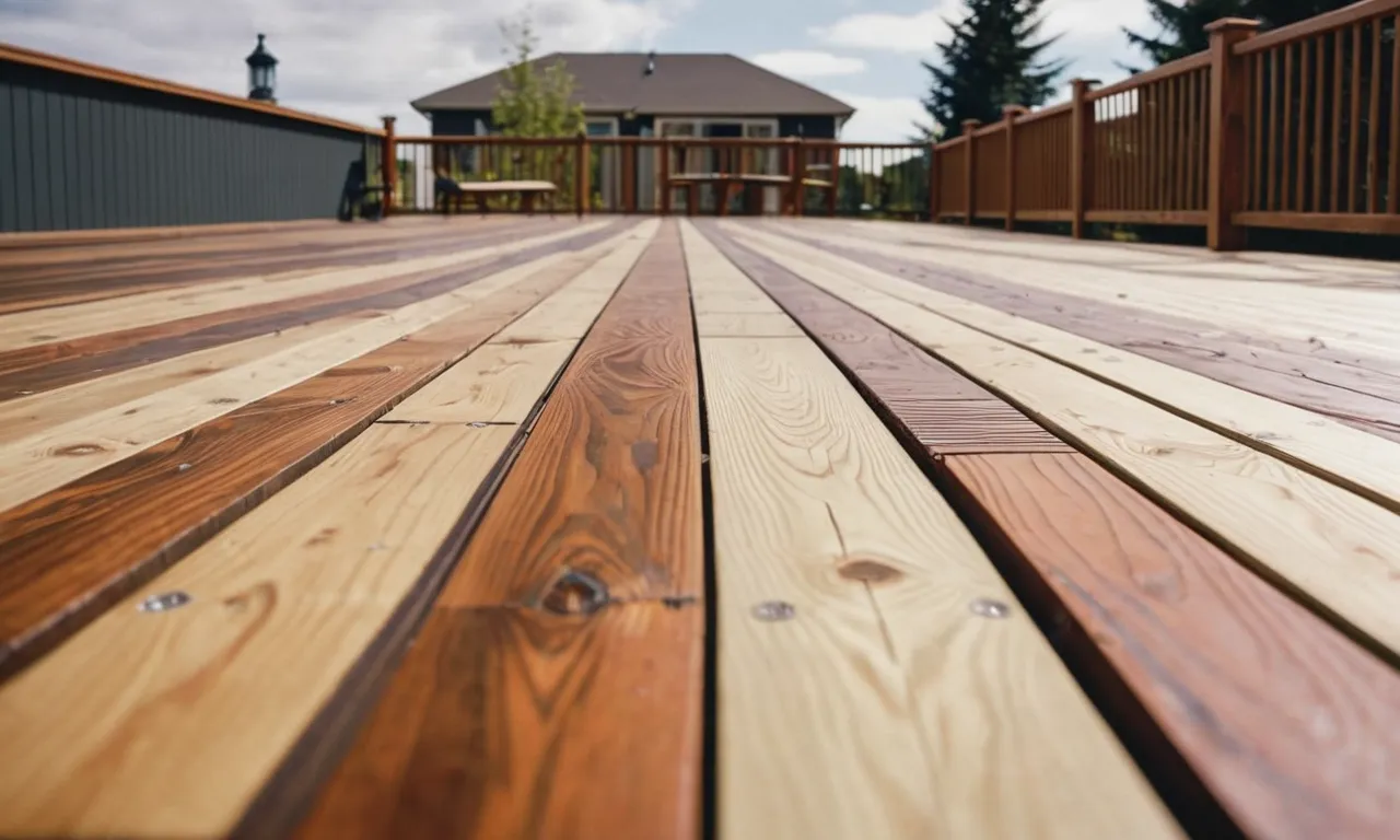 A close-up photograph captures a wooden deck flawlessly repaired with the best wood filler for outdoor use, seamlessly blending in with the surrounding woodgrain and weather-resistant, ready to withstand the elements.