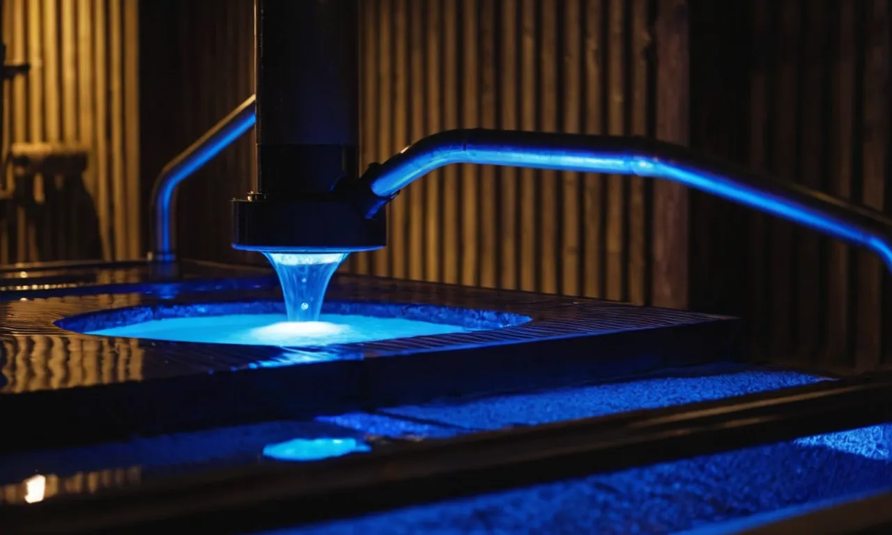 A close-up shot of a UV light system installed at a well, purifying the water with its powerful glow, ensuring the best quality for consumption.
