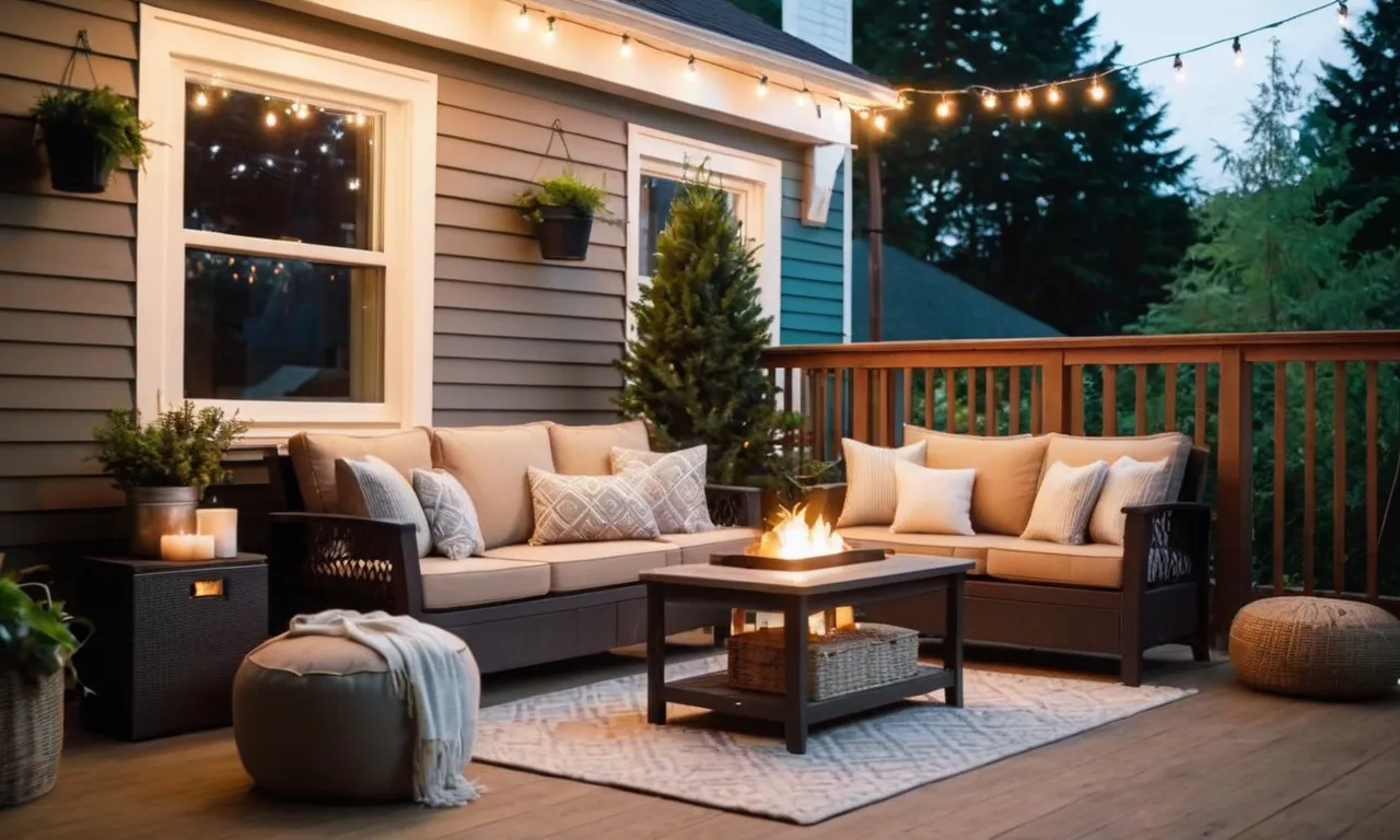 A cozy covered porch adorned with string lights, featuring a stylish outdoor heater casting a warm glow, surrounded by comfortable seating and lush greenery, creating the perfect ambiance for chilly evenings.