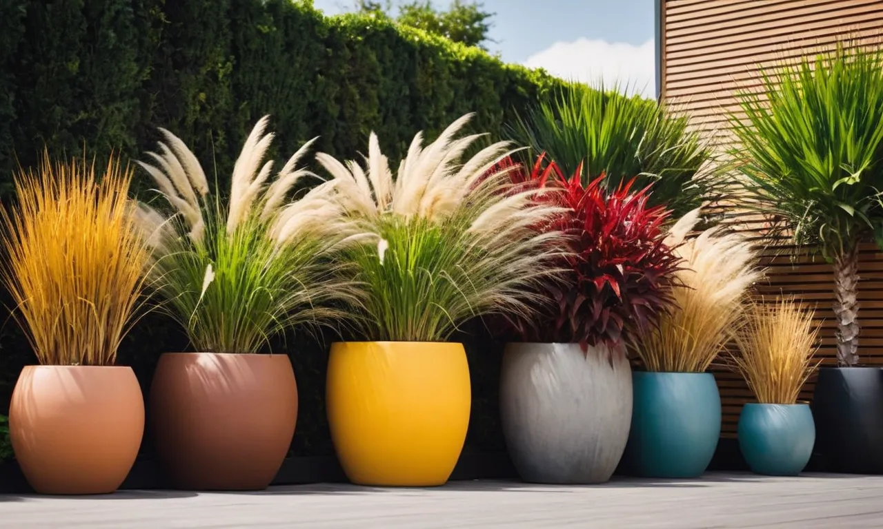 A close-up photo capturing a vibrant display of various ornamental grasses gracefully swaying in the wind within beautifully arranged pots, enhancing the aesthetics of a patio setting.