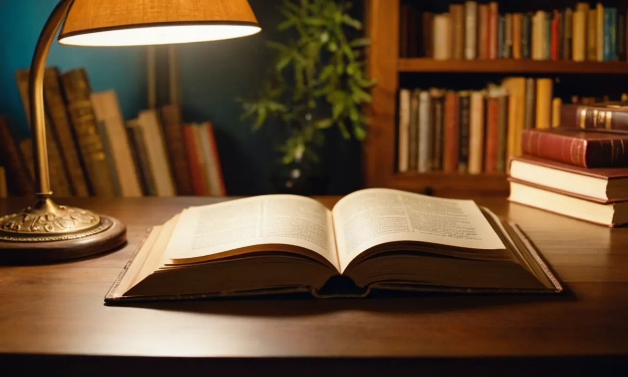 A close-up photograph showcasing a well-lit desk with a focused beam of light falling on an open book, creating a perfect ambiance for reading and studying.