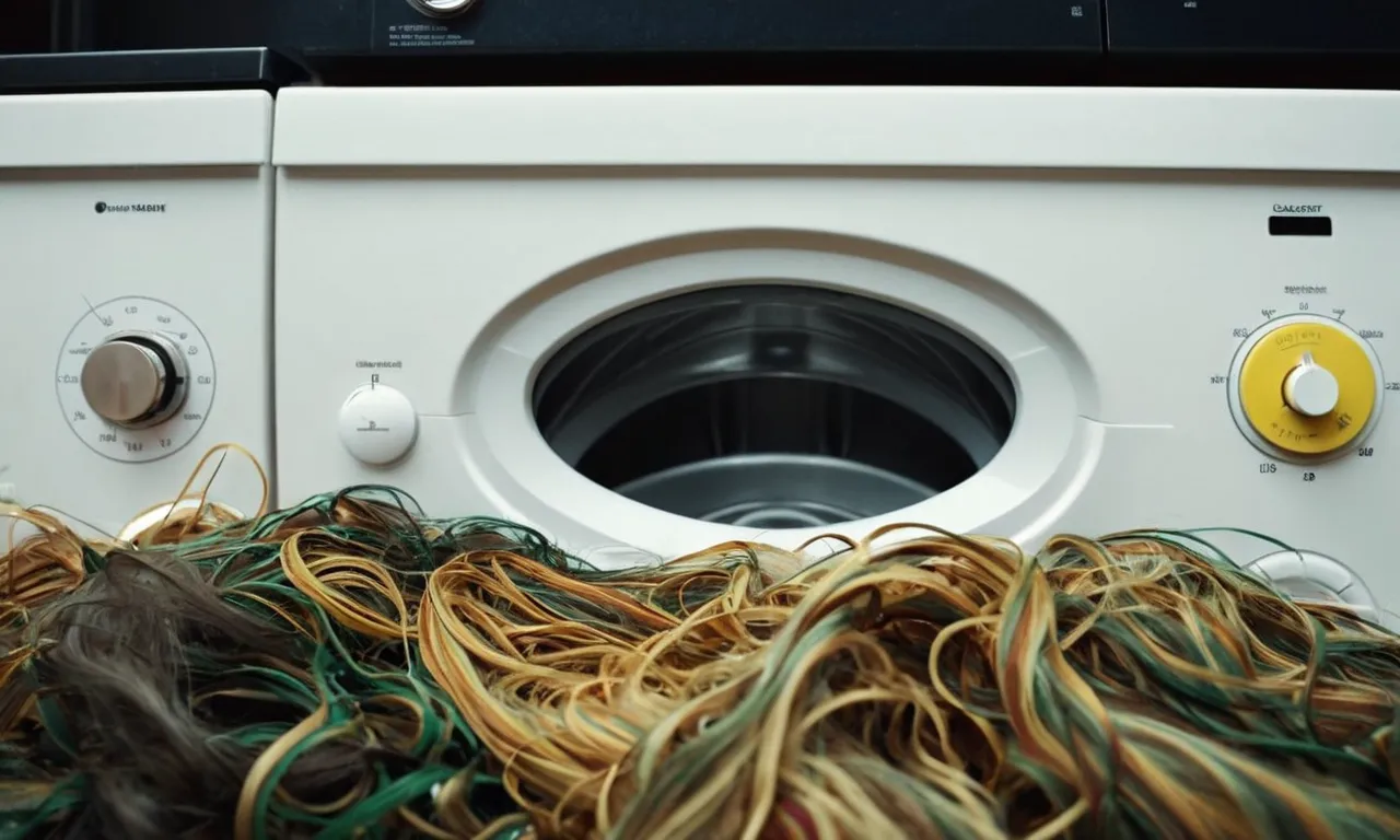 A close-up shot of a washing machine filter covered in a tangled mess of hair, demonstrating the effectiveness of the "best hair catcher" in preventing clogs and maintaining machine performance.