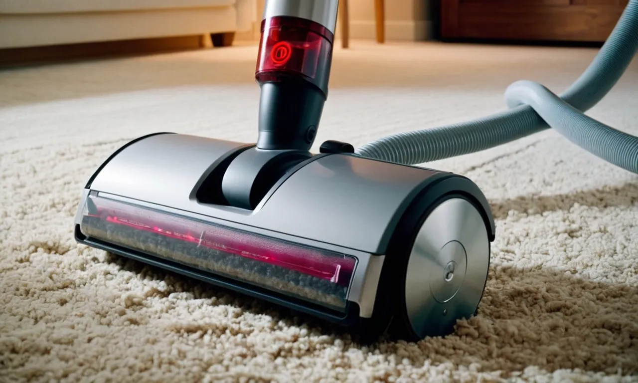 A close-up shot of a sleek, modern vacuum cleaner's self-cleaning brushroll in action, effortlessly picking up dirt and debris from a carpet, showcasing its powerful cleaning capabilities.