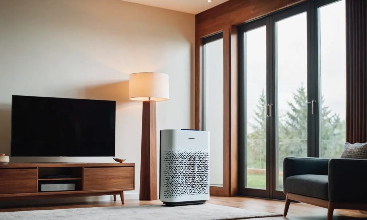 A photo showcasing a sleek, modern air purifier sitting in the corner of a well-lit living room, effectively purifying the air in a spacious 1200 sq ft area.