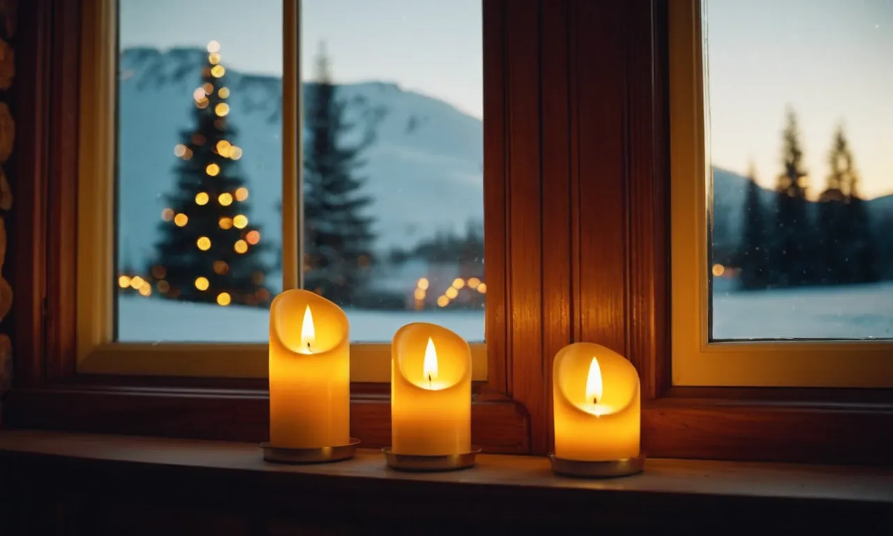 A close-up shot of elegant electric window candles with built-in sensors emitting a warm, flickering glow, adding a cozy and festive ambiance to a beautifully decorated window.