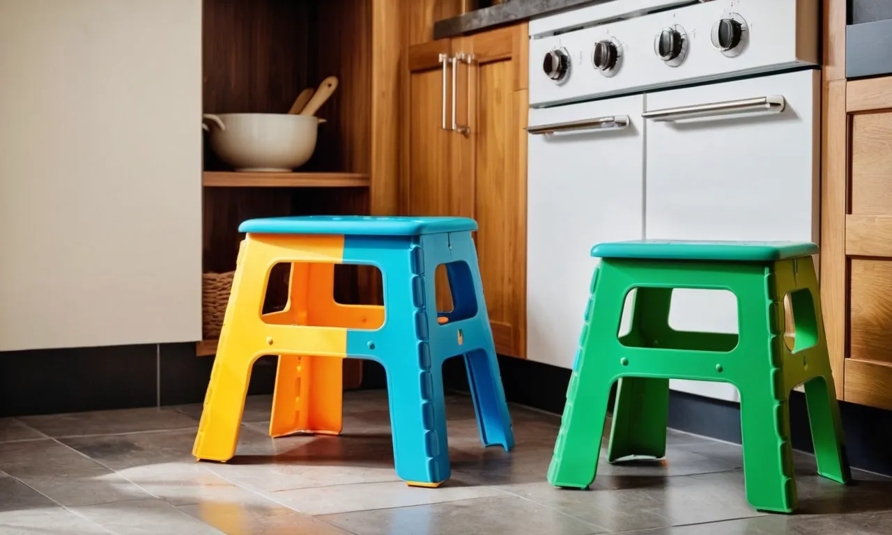 A snapshot of a vibrant, colorful kitchen step stool designed specifically for toddlers, showcasing its sturdy construction and safety features, inviting little ones to confidently reach new culinary heights.