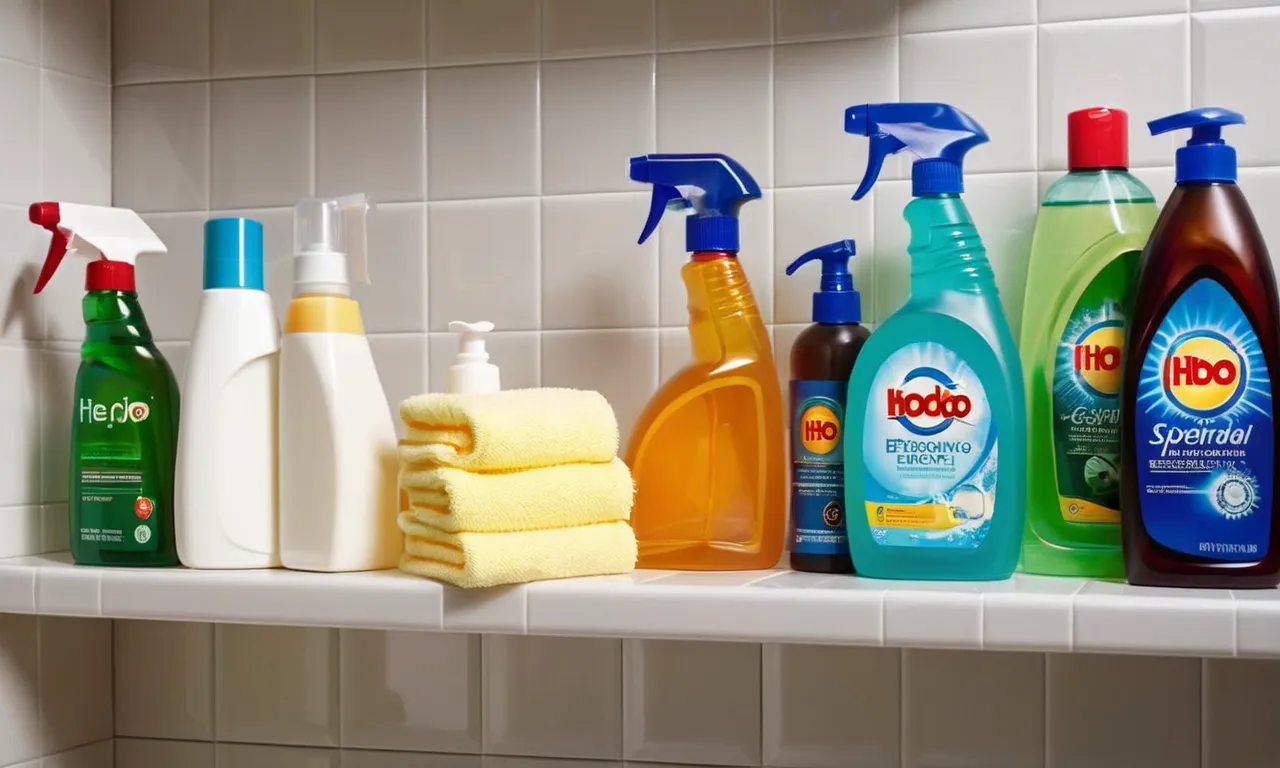 A close-up photo showcasing sparkling white bathroom tiles, gleaming under bright lighting, with a lineup of various top-rated cleaning products neatly arranged in the foreground.