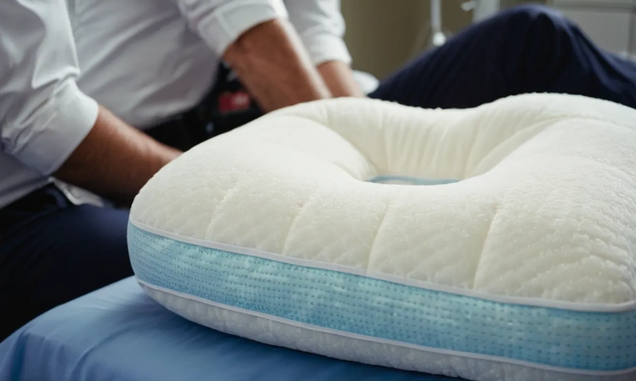 A close-up shot of a plush, ergonomic memory foam pillow cradling a patient's neck after their successful fusion surgery, providing optimal support and comfort for a restful recovery.