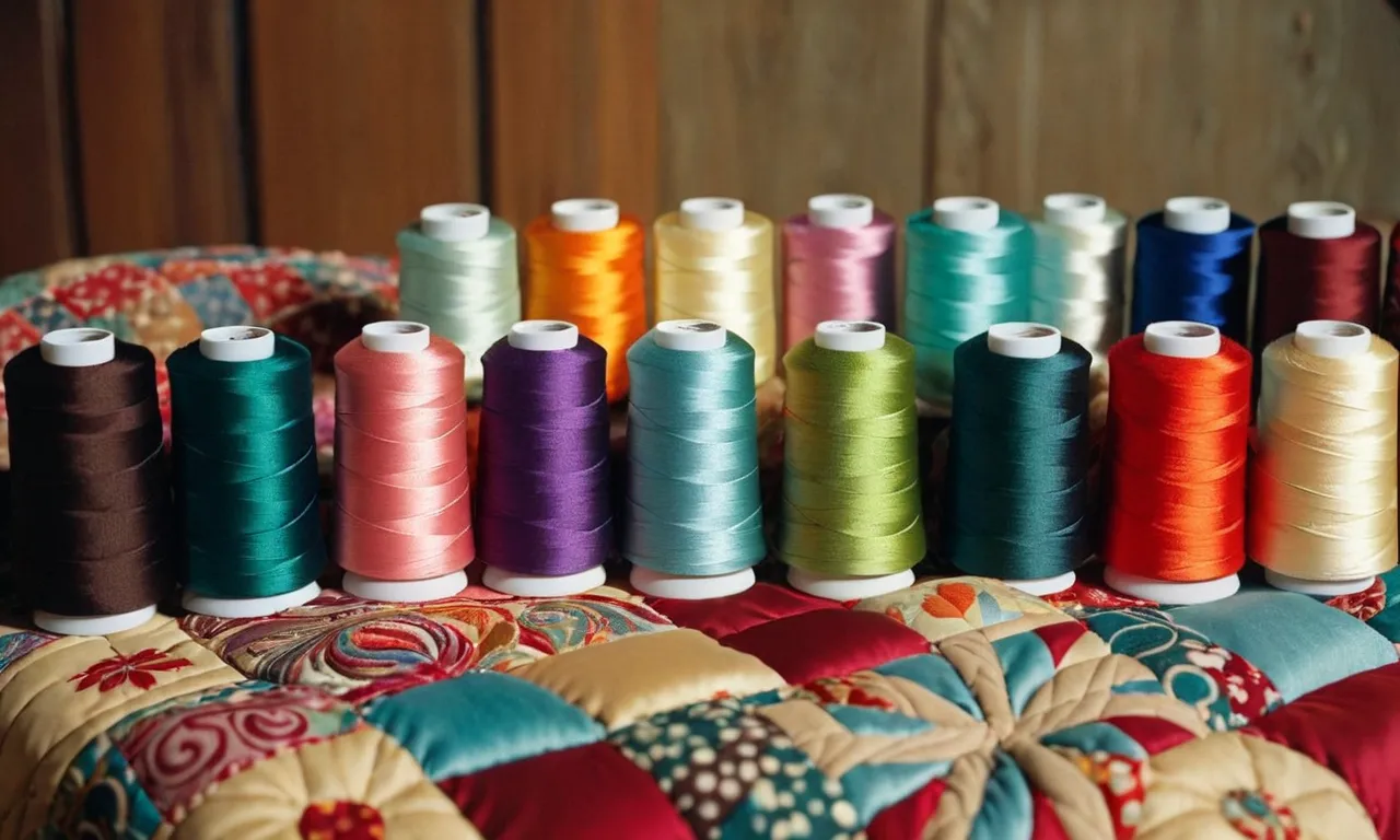 The photo captures a close-up of a sleek, top-of-the-line iron, surrounded by colorful spools of thread and a meticulously stitched quilt, symbolizing the perfect companion for sewing and quilting enthusiasts.