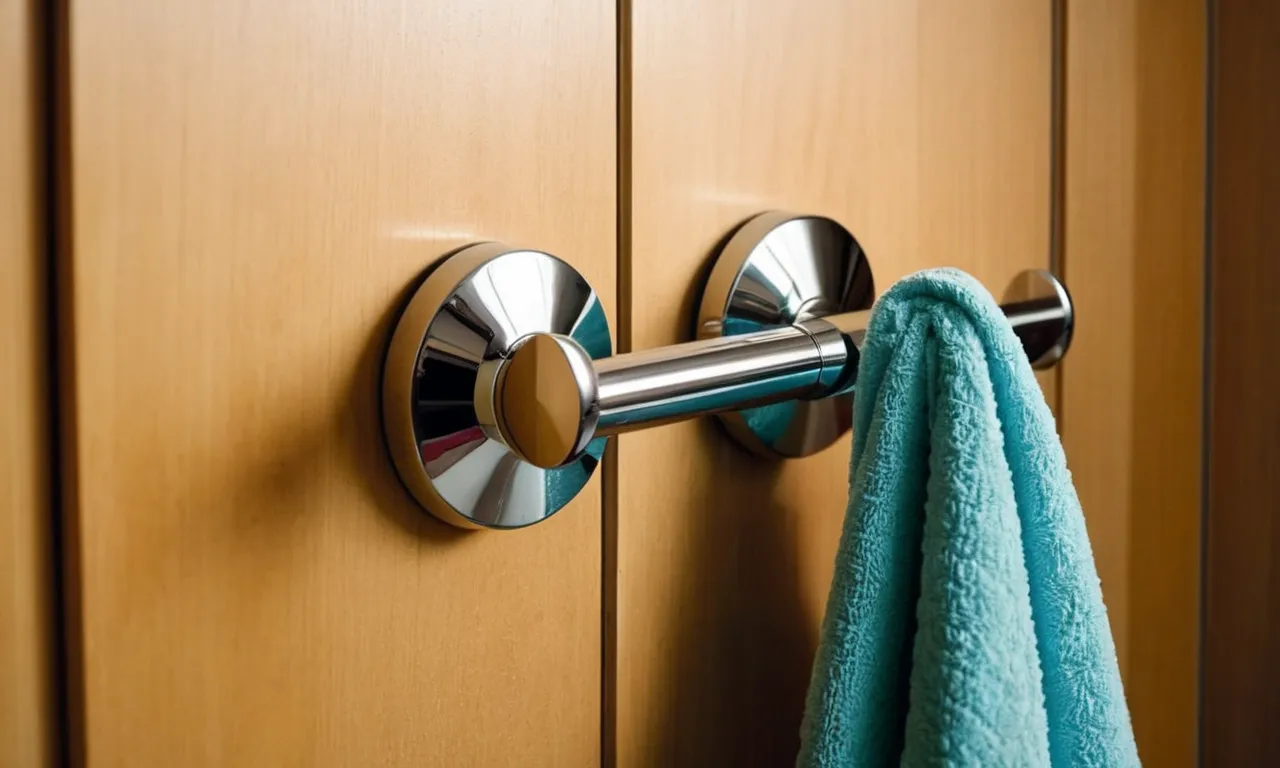 A close-up photo capturing the sleek and modern design of chrome towel hooks securely attached to a bathroom door, providing a practical and stylish solution for hanging towels.