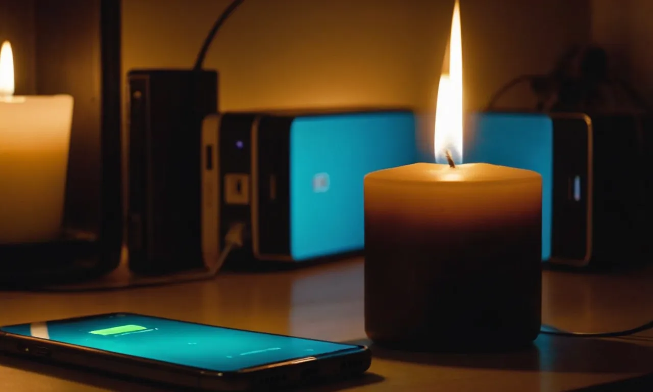 A dimly lit room with a large candle flickering in the foreground, casting a soft glow on a smartphone and portable charger, symbolizing the best battery backup during a power outage.