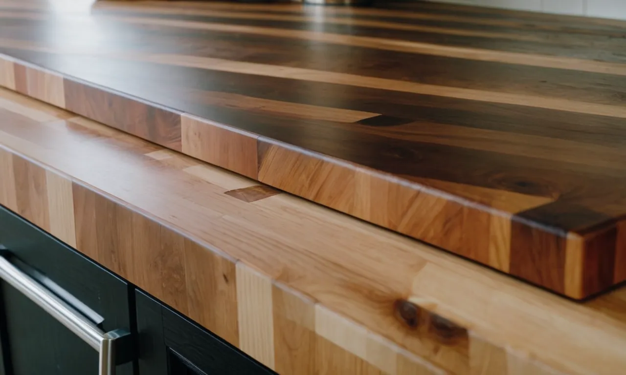 A close-up shot capturing the seamless connection between a butcher block countertop and its supporting base, showcasing the reliability of the best adhesive used in its installation.