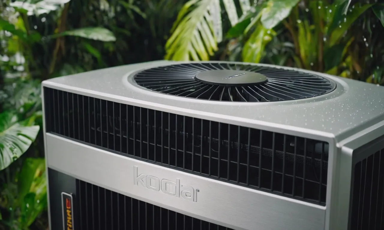 A close-up shot of an advanced air cooler, glistening with condensation, providing unparalleled relief in a humid climate, surrounded by lush tropical greenery for a refreshing ambiance.