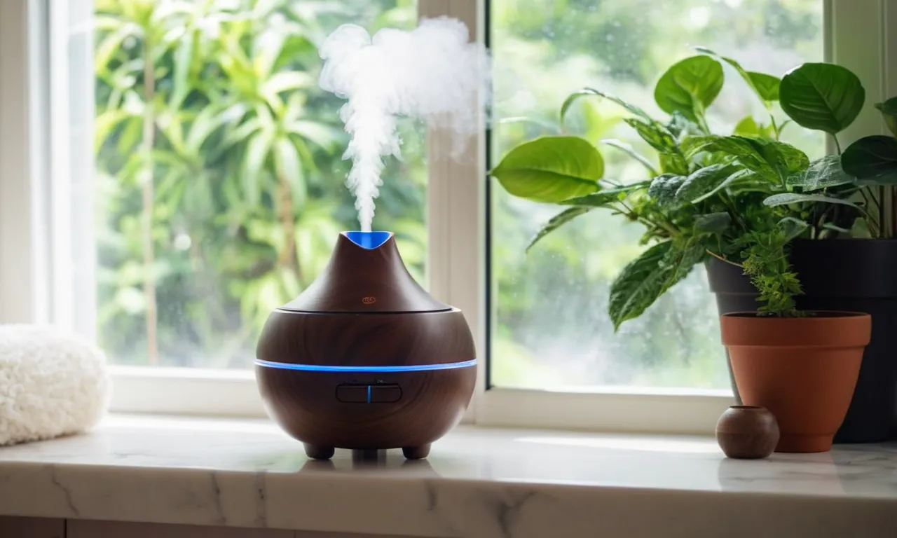 A captivating photo of a beautifully designed essential oil diffuser placed on a cozy home's windowsill, surrounded by lush green plants, emitting a gentle mist and filling the space with a soothing aroma.