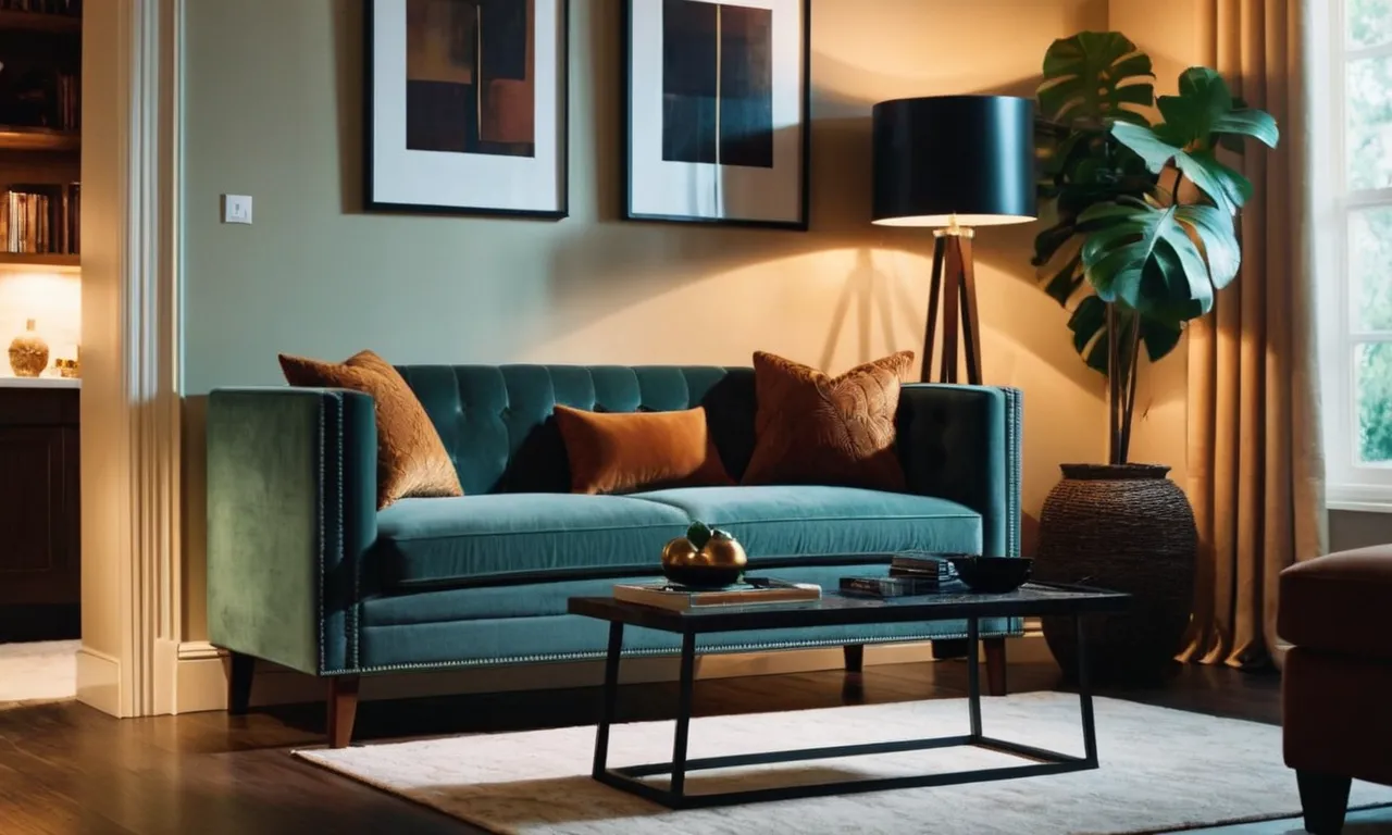 A well-lit living room captures the essence of comfort and elegance as a sleek floor lamp stands tall behind a plush couch, casting a warm glow that adds depth and ambiance to the space.