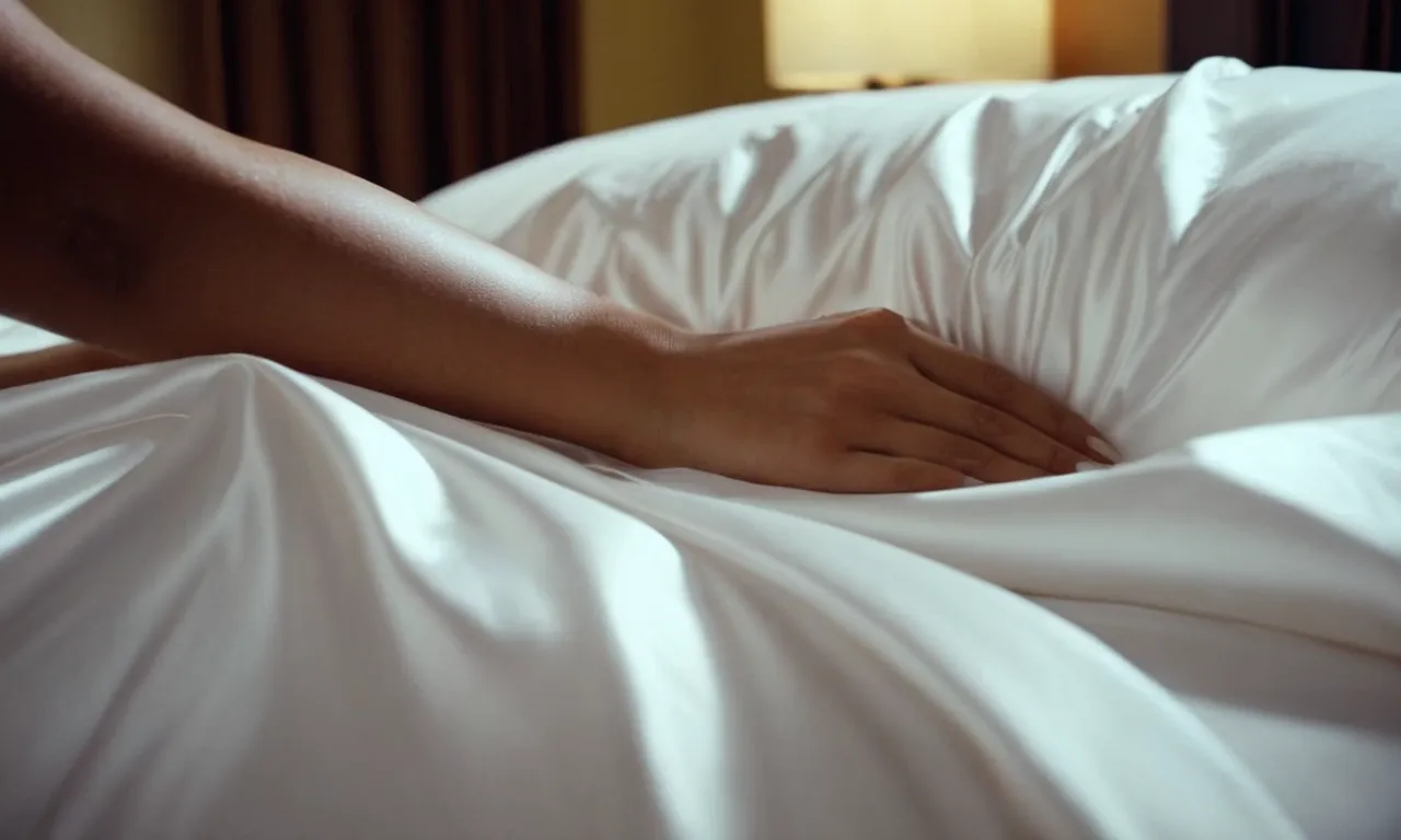 A close-up shot of silky, hypoallergenic bed sheets, gently caressing a model's smooth and radiant skin, showcasing the perfect choice for those seeking the best material for their skin's comfort.