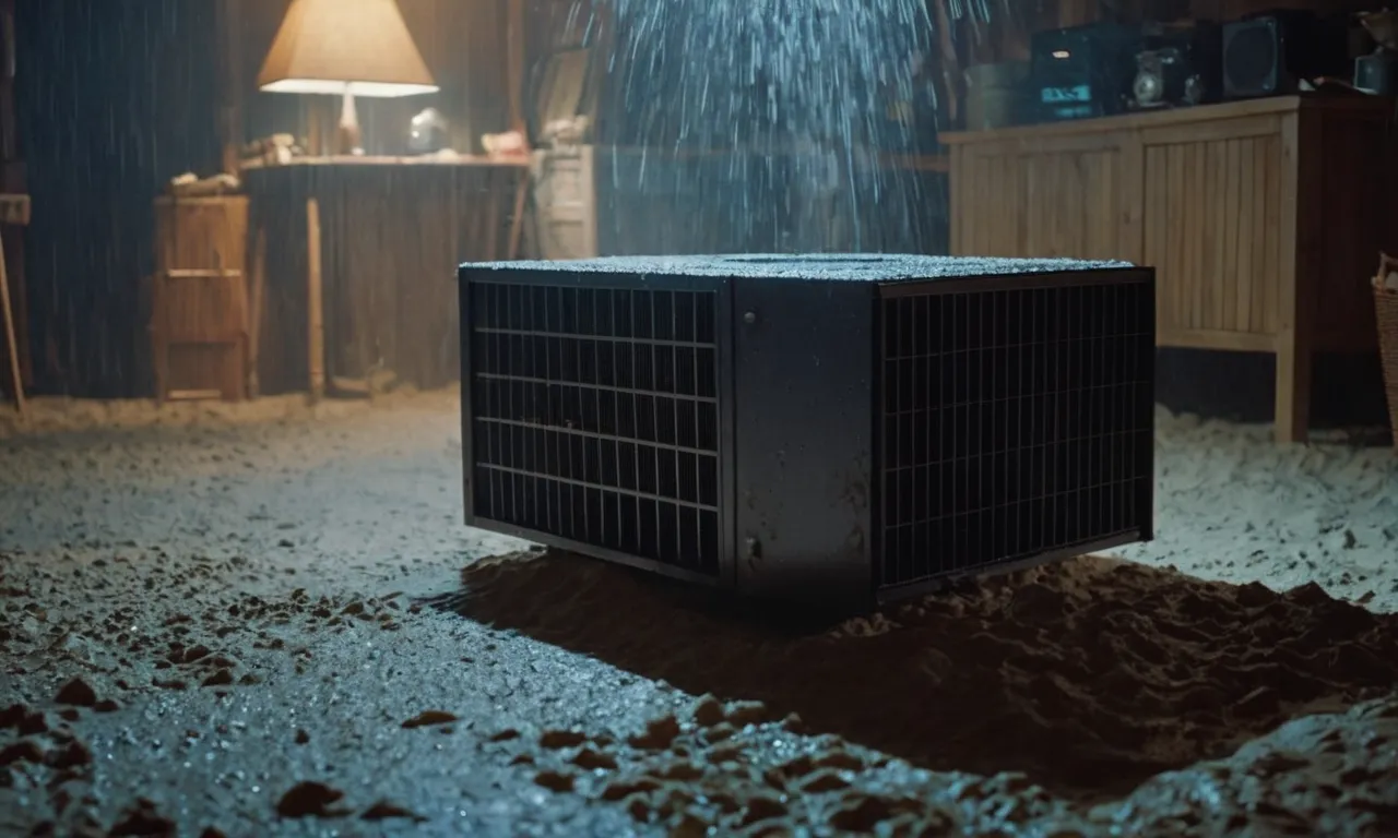 A dimly lit crawl space encapsulated in moisture, a powerful fan in the foreground tirelessly whirling, battling against dampness, symbolizing the quest for the best solution to dry out the space.