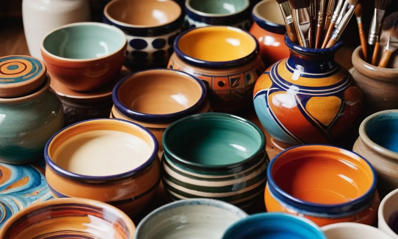 A beautifully arranged photo capturing an assortment of vibrant paints, brushes, and intricate handmade pottery, symbolizing the perfect arts and crafts gifts for adults.
