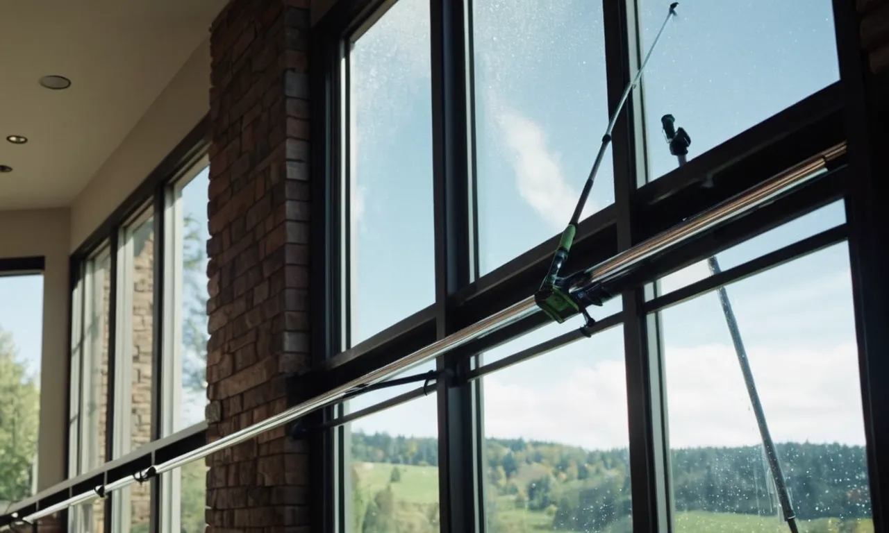 A close-up shot of a window cleaner using the best extension pole, effortlessly reaching the highest windows, capturing the sparkling glass and perfectly reflecting the surrounding scenery.