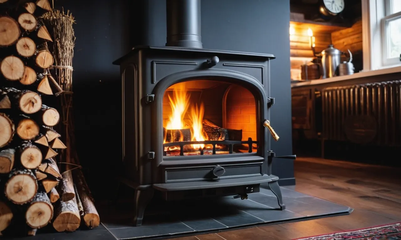 A close-up photo showcasing the intricate design of a high-quality wood burning stove with a blower, emitting a warm and cozy glow, surrounded by logs and flickering flames.