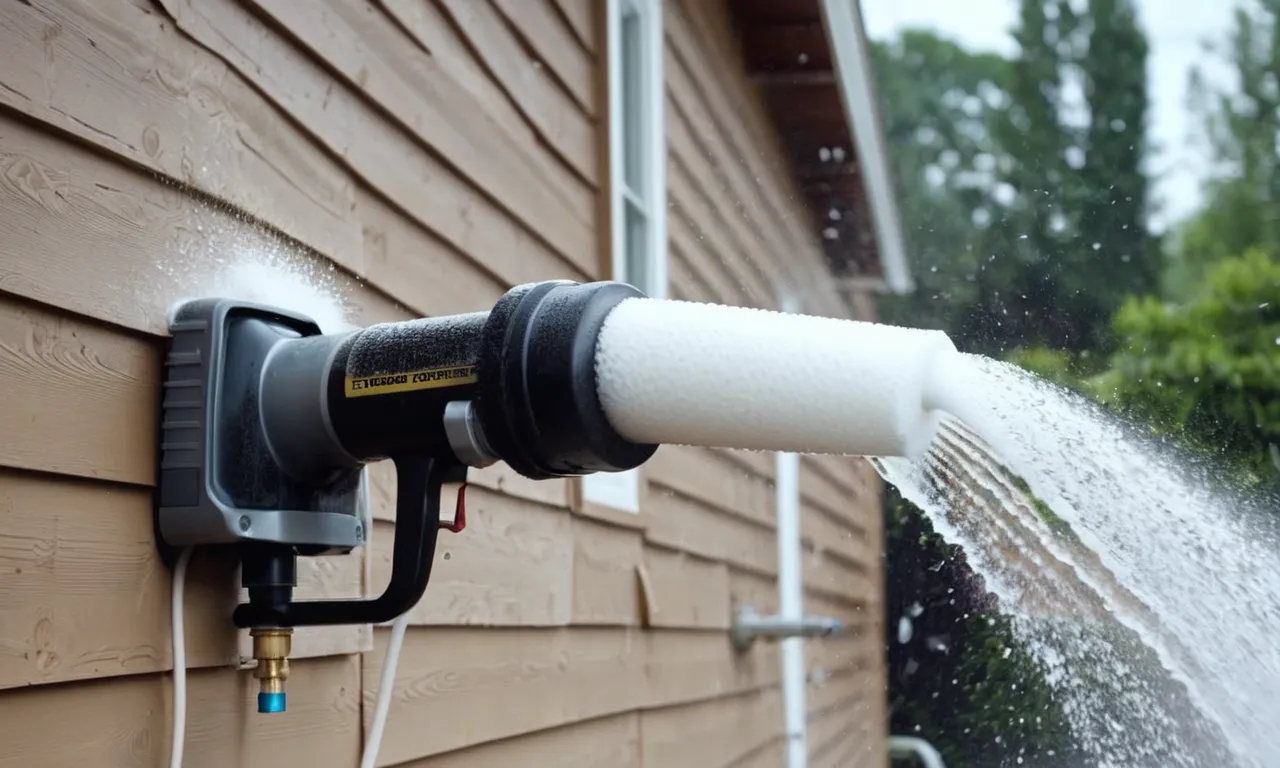 A close-up shot captures a foam cannon attached to a power washer, producing a thick layer of cleansing foam as it sprays the exterior walls of a house, effectively washing away dirt and grime.