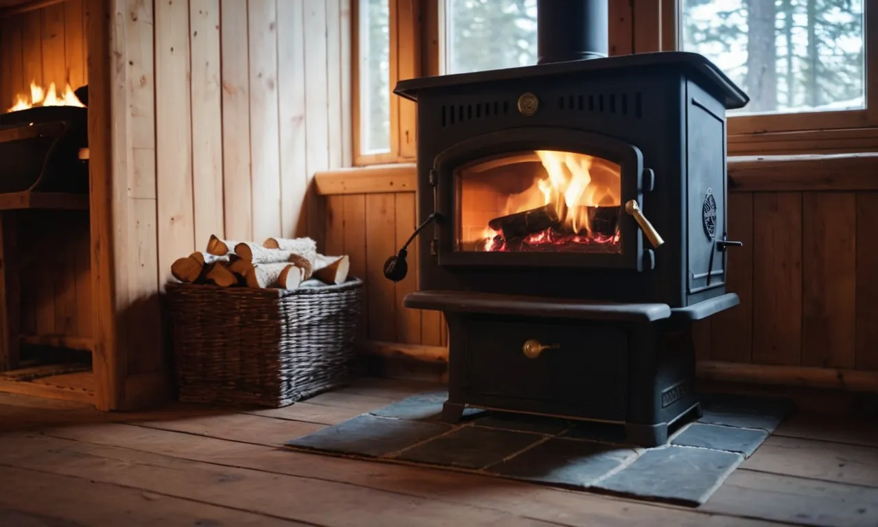 A rustic wood stove fan, perched atop a crackling fire, gracefully spins its wooden blades, efficiently circulating warm air throughout the cozy cabin, without the need for any electricity.