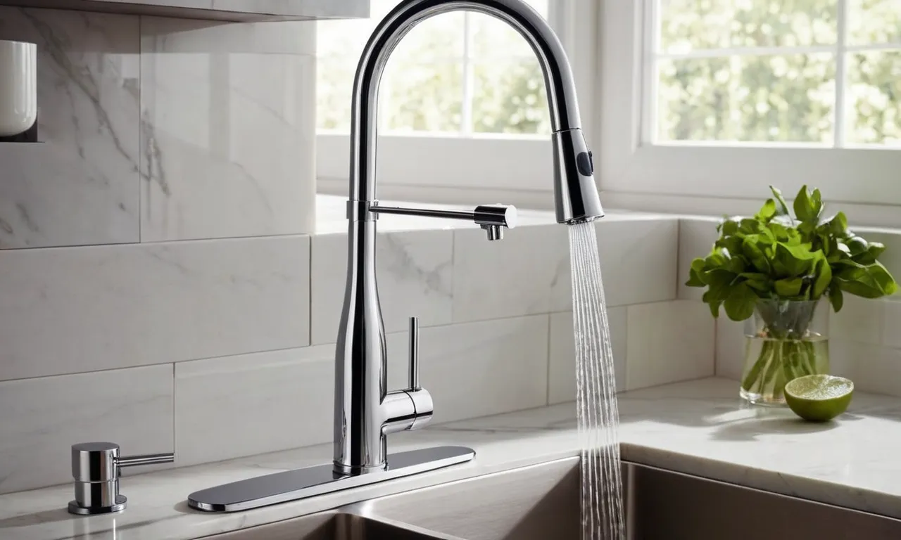 A close-up shot capturing the sleek design of a chrome kitchen faucet with a pull-down sprayer, showcasing its modern features and high-quality craftsmanship.