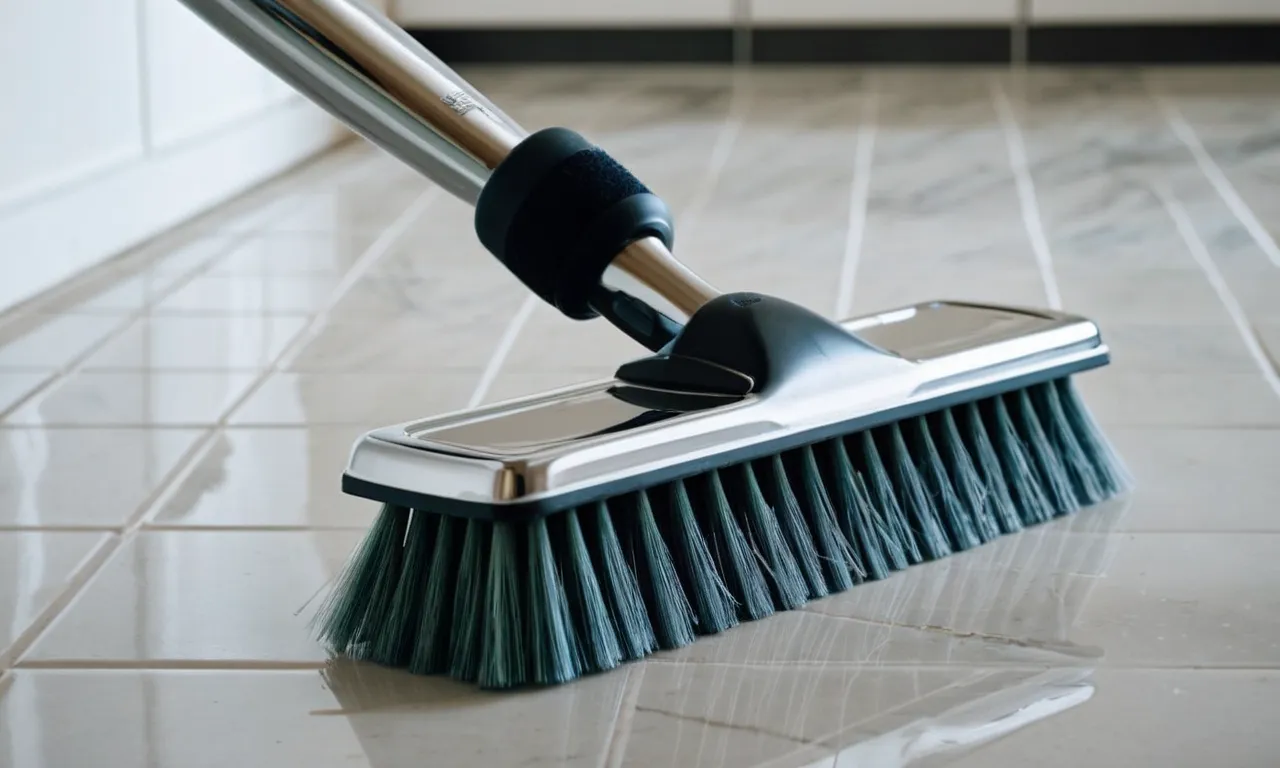 A close-up photo capturing a scrub brush gliding effortlessly over pristine white tile floor, showcasing its sturdy bristles and ergonomic handle, symbolizing the best tool for tile floor cleaning.