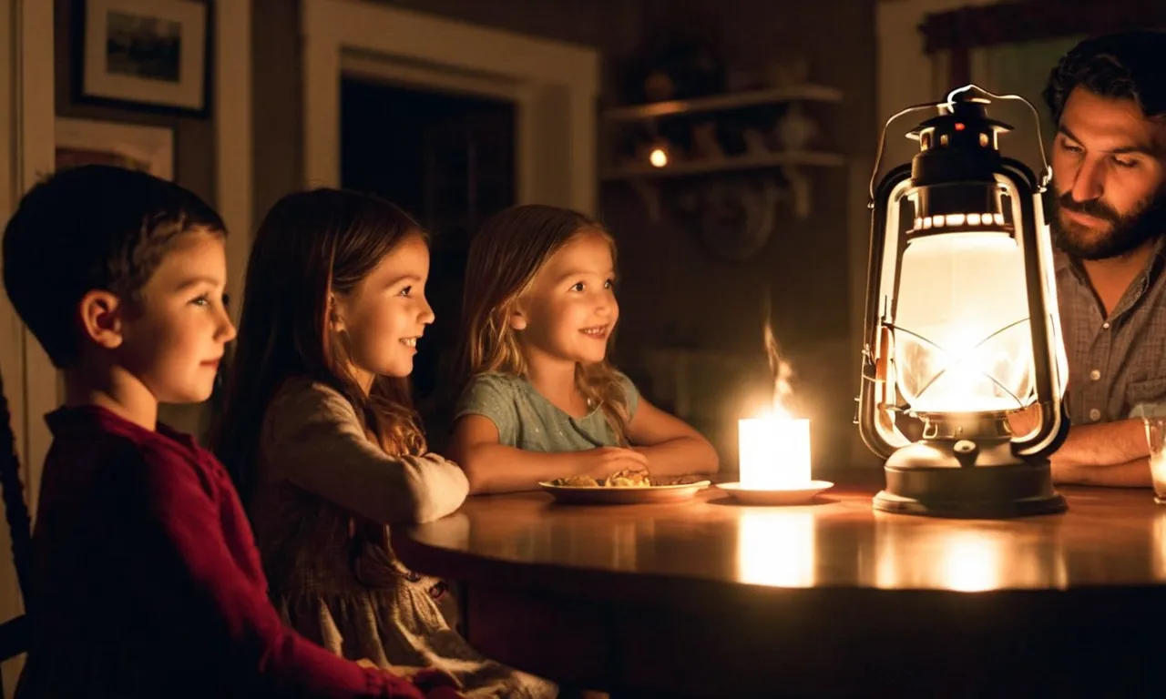 A dimly lit room during a power outage, with a family gathered around a table, their faces illuminated by the warm and bright glow of the best LED lantern, providing a sense of comfort and security.