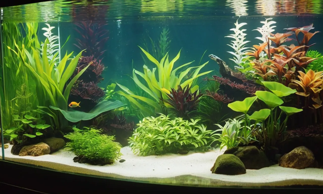 A captivating image of a 10-gallon planted tank, bathed in soft, golden sunlight. The vibrant aquatic plants glow, casting delicate shadows on the crystal-clear water, creating a serene and enchanting scene.