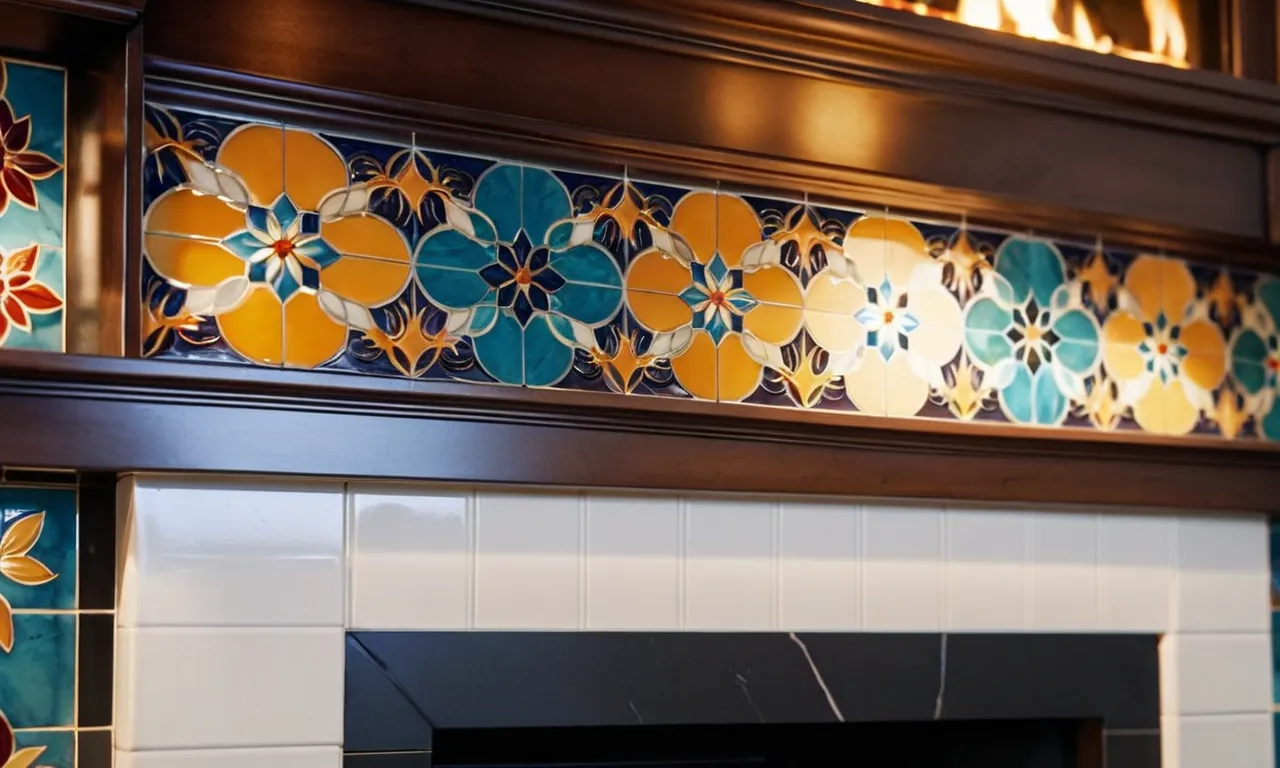 Close-up of a beautifully tiled fireplace surround, adorned with the best peel-and-stick tiles. The vibrant colors and intricate patterns enhance the cozy ambiance, creating a stunning focal point in any room.