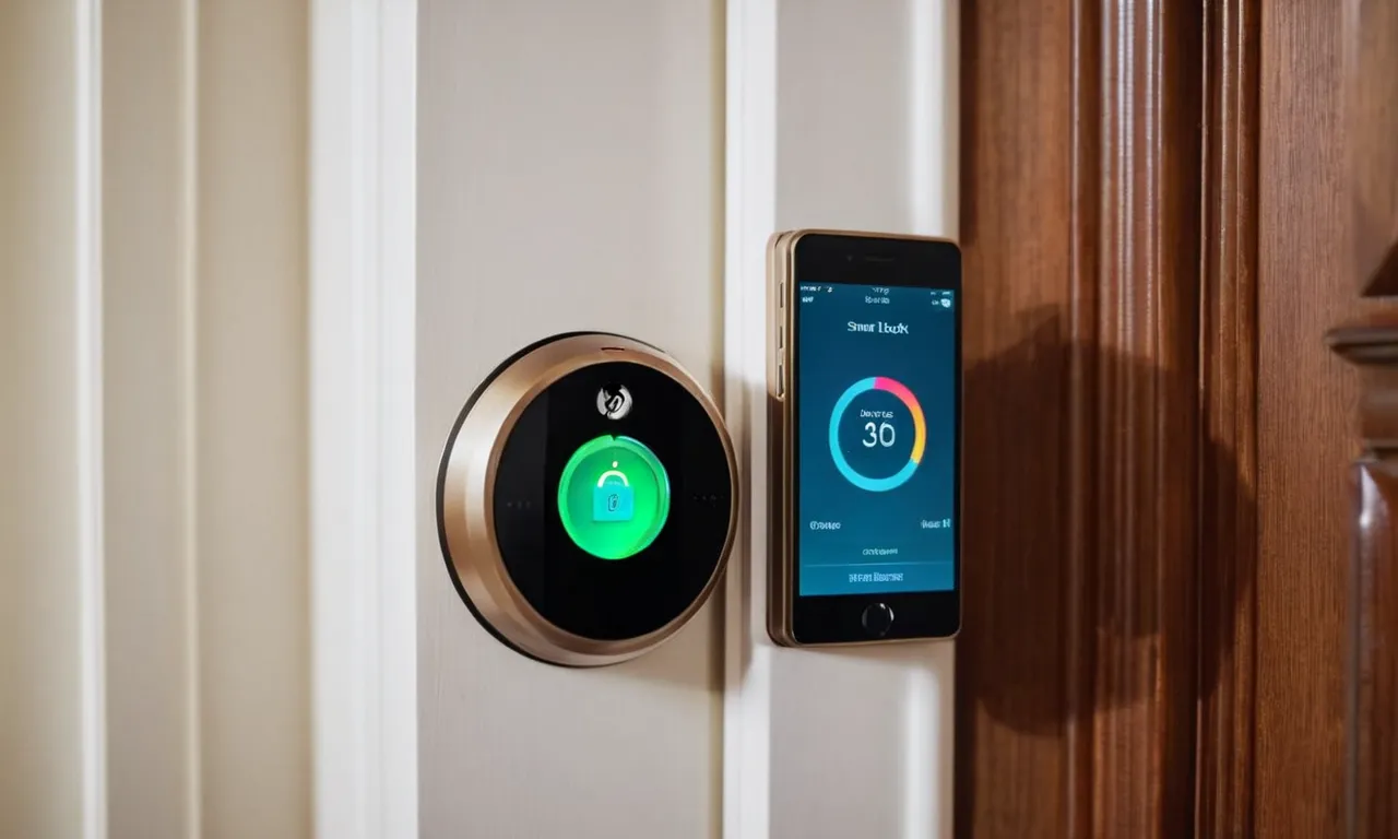 A close-up photo capturing the sleek design of a state-of-the-art smart lock installed on a bedroom door, showcasing its advanced features and modern aesthetics.