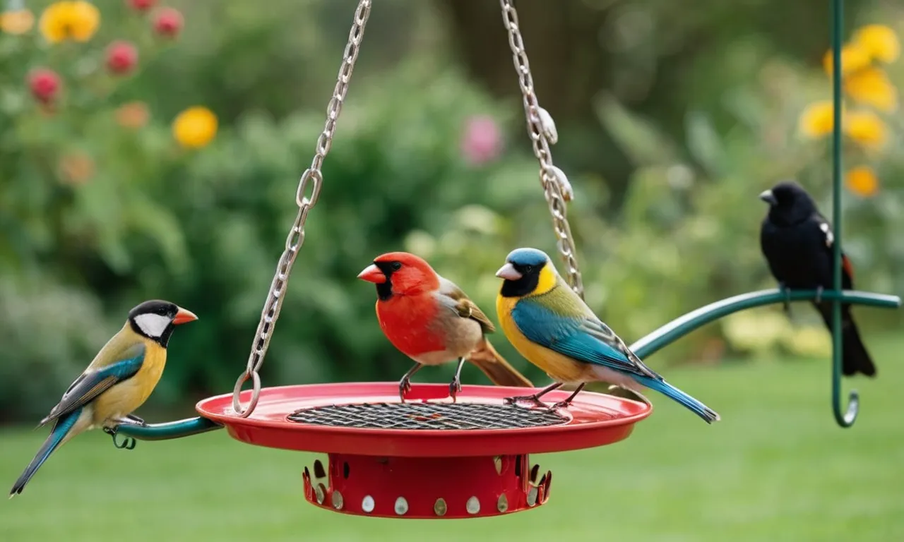 A close-up shot of a vibrant birdfeeder hanging gracefully from the sturdiest shepherd's hook, attracting a variety of colorful birds in a serene garden setting.