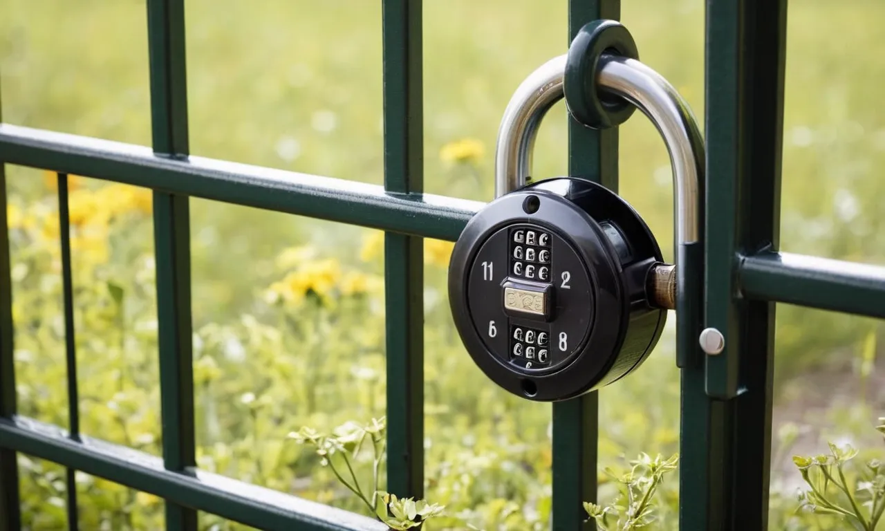 A close-up shot of a sturdy, weatherproof combination lock securely attached to an outdoor gate, providing reliable protection and peace of mind.